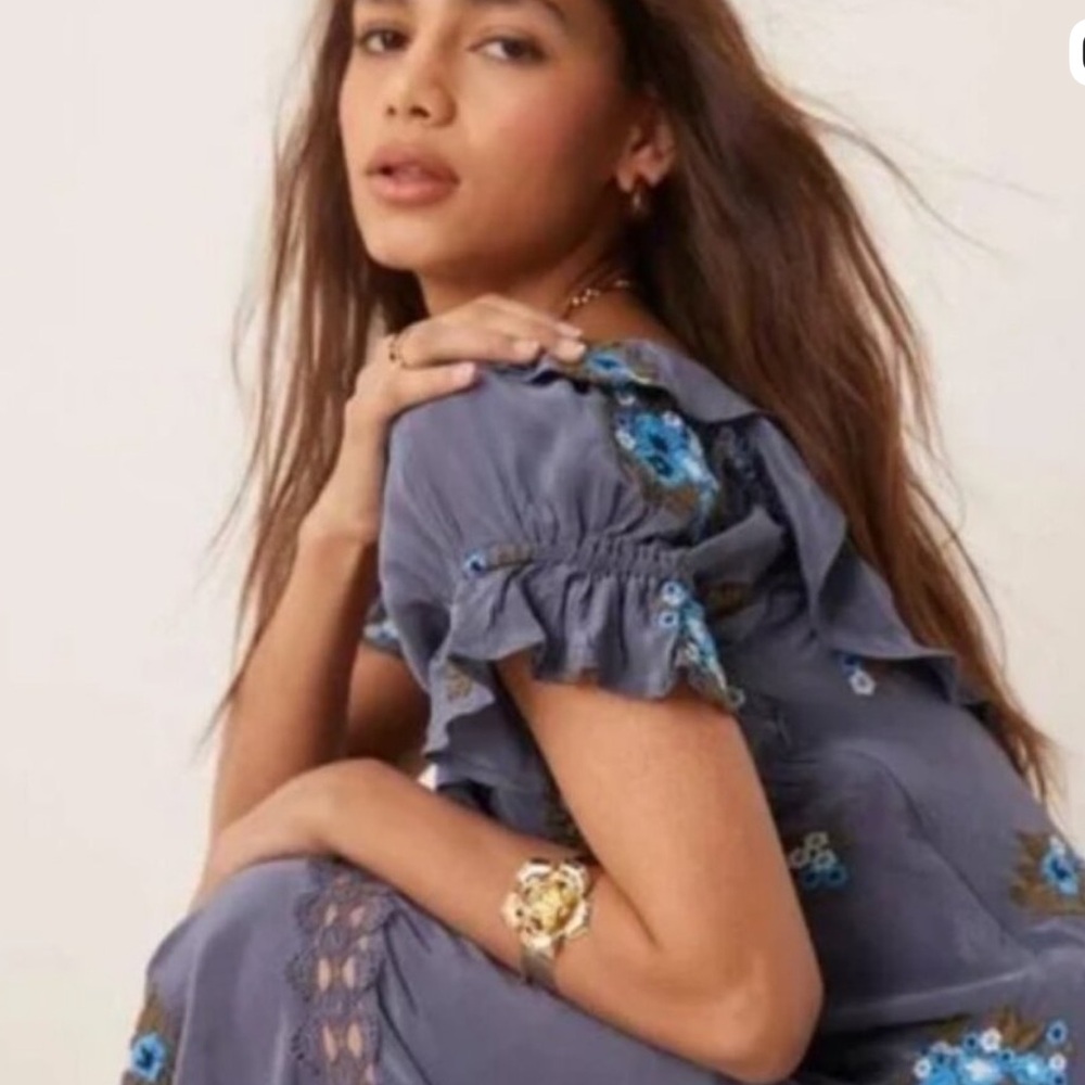 New Free People Bali Santa Cruz Ruffle Blue Floral Embroidered Maxi Dress M - Picture 4 of 16